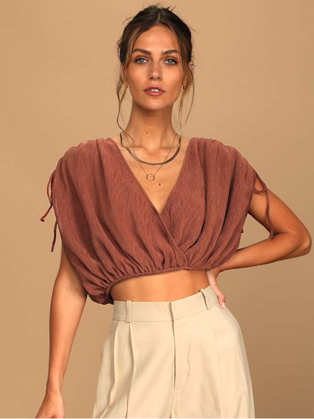 Lulus Perfect Outing Rust Red Ruched Short Sleeve Surplice Top Size XS Western